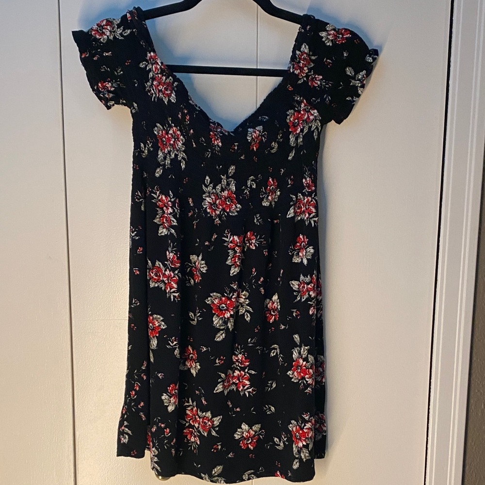 3/$20 Ambiance Black Floral Puff-Sleeve Sundress with Red Flowers
